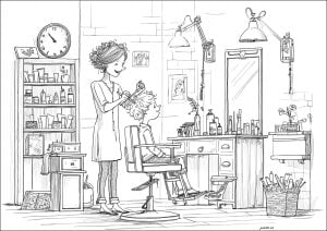 Dibujo de un tocador. Peluquera cortando el pelo a un niño pequeño Dibujo De Un Tocador