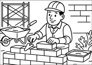 Albañil construyendo un muro de ladrillos. Además del albañil, podrás colorear este muro en construcción, junto con una carretilla, una paleta, cemento y andamios. Albañil Construyendo Un Muro De Ladrillos