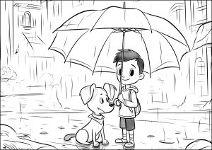 Un niño y su perro bajo la lluvia