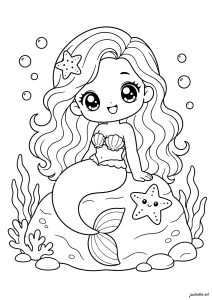Sirena pequeña feliz en una roca