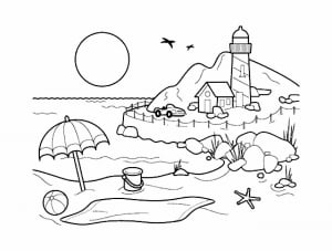 Imagen de unas vacaciones junto al mar para imprimir y colorear