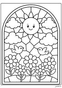Sol sonriente, flores y pájaros