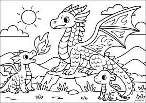 Familia de dragones al atardecer