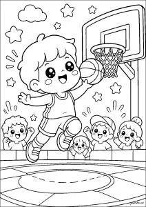 Jovem jogador de basquetebol marcando na cesta