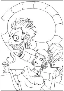 Beetlejuice transformado numa cobra, e Lydia Deetz