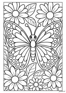 Borboleta alegre com flores bonitas ao redor. Uma grande borboleta sorridente com asas ornamentadas com padrões redondos, rodeada de flores grandes e folhas de formas simples.