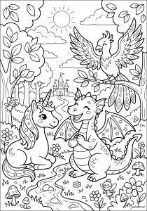 Dragão, unicórnio e fênix na clareira encantada. Três criaturas lendárias se encontram em uma clareira mágica: um dragão amigável, um unicórnio lunar e uma fênix alegre se cumprimentam perto de um castelo distante. Um cenário encantado com árvores, flores e nuvens espera para ser preenchido com belas cores.