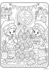 Pequenos chefs preparando deliciosos cupcakes