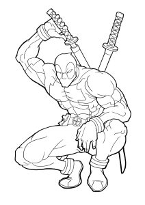 Deadpool agacha-se, pronto para puxar de uma espada