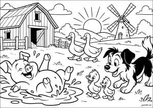 Desenhos para colorir gratuitos de na fazenda (tratores, fazendeiro, animais...) para crianças