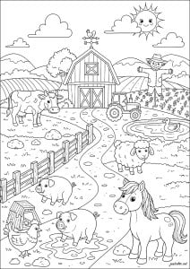Desenhos para colorir para crianças de na fazenda (tratores, fazendeiro, animais...)
