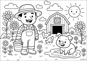 Desenhos para colorir para crianças de na fazenda (tratores, fazendeiro, animais...)