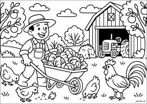 Desenhos para colorir gratuitos de na fazenda (tratores, fazendeiro, animais...) para crianças