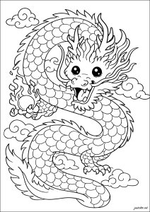 Dragão coreano lendário dançando entre as nuvens no estilo kawaii