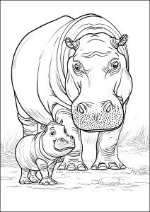 A mamã hipopótamo olha para o seu filho pequeno
