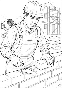 Pedreiro a construir uma parede de tijolo