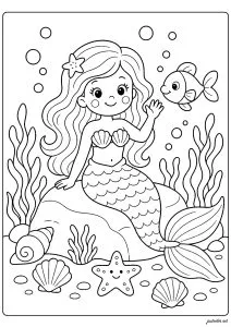Pequena sereia acenando para um peixe