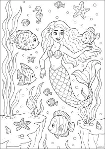 Uma Bonita Sereia Rodeada De Peixes Nas Profundezas Do Mar