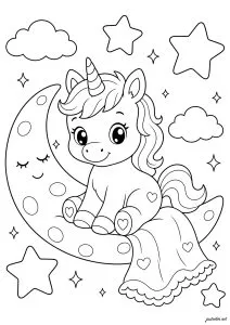 Licorne ao Luar. Adorable unicórnio sentado em uma lua sorridente cercado por estrelas e nuvens leves.
