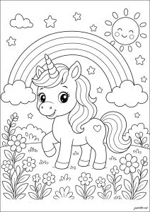 Licorne encantada sob o arco-íris. Adorável unicórnio passeando em um campo florido com um arco-íris e um sol sorridente acima.
