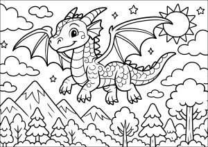 Pequeno dragão sobrevoando a floresta