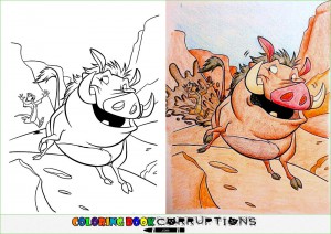 Example of coloring book corruption, with Pumbaa and Timon