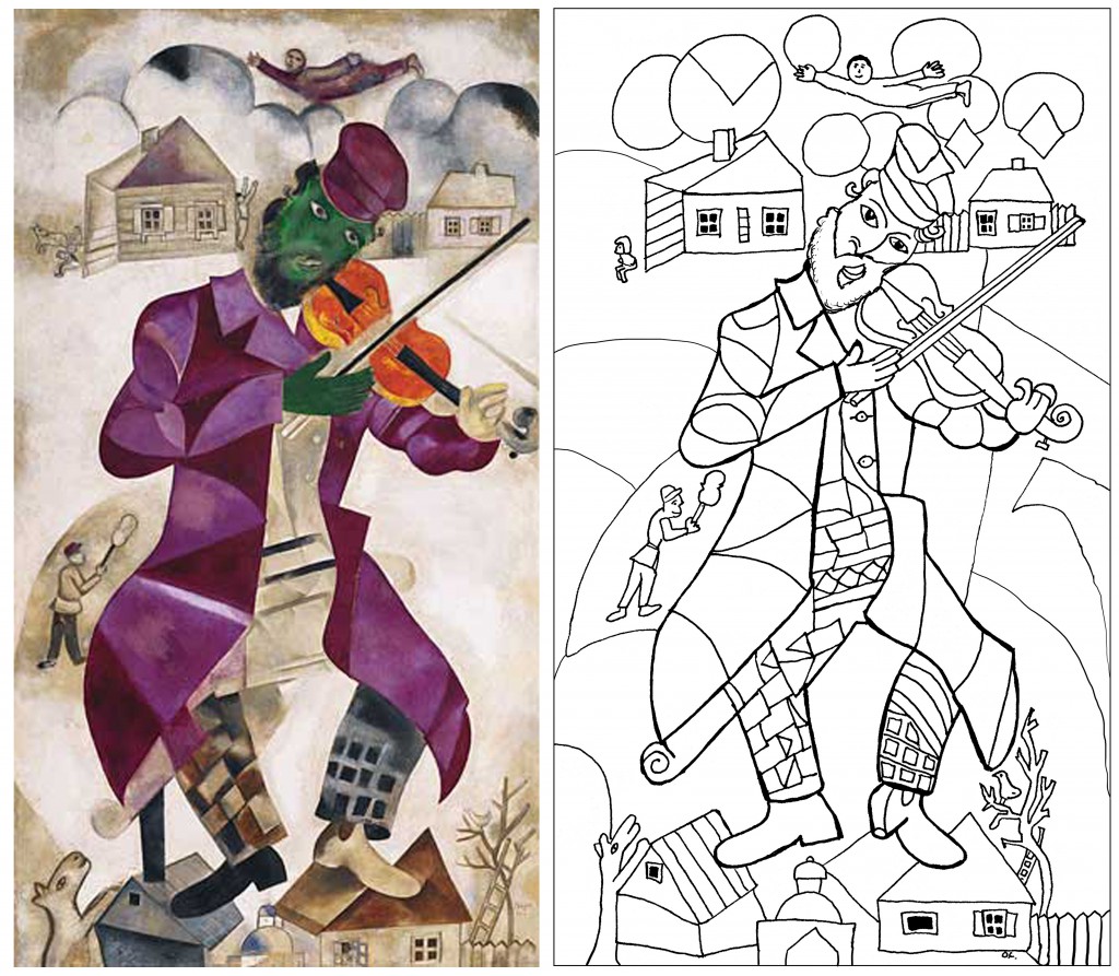 Coloring page created from the Marc Chagall painting "The Green violonist" (1923 - 1924 , New York)