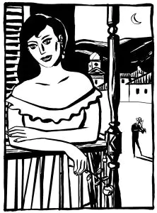 Mujer en el balcón a la luz de la luna