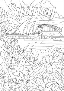 El puerto de Sydney y la Ópera con bonitas flores en primer plano