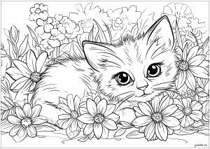 Gatito para colorear, rodeado de bonitas flores