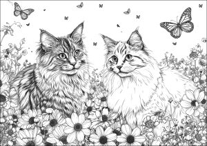 Dos gatos muy realistas con flores y mariposas