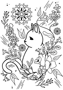 Gato Rodeado De Motivos Vegetales Abstractos