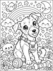 Arsène, el perro travieso. Un perro adorable llamado Arsène, con su mirada entrañable, te invita a compartir un momento de ternura y creatividad. Colorea los muchos elementos que componen esta preciosa página para colorear inspirada en el estilo Kawaii.