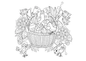 Cesta con huevos de pascua y pajaritos
