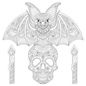 Murciélago Sobre Una Calavera Con Velas