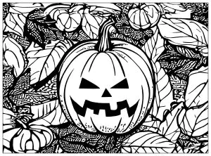Calabaza Jack o' lantern sobre fondo de hojas