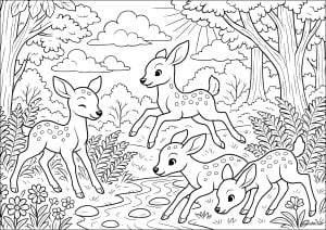 Juguetones cervatillos en el bosque