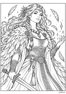 Freyja, diosa nórdica con un manto de halcón. Freyja, la gran diosa de la mitología nórdica, está asociada con el amor, la belleza y la fertilidad, pero también con la magia y la guerra. Aquí lleva su capa de plumas de halcón, un atributo mágico que le permite tomar la forma de un ave y viajar entre mundos.