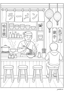 Escena auténtica en un bar de ramen