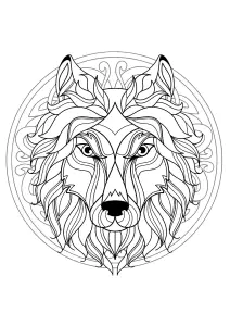 Mandala Con Hermosa Cabeza De Lobo Y Motivos Entrelazados