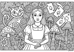 Alicia en el país de las maravillas con setas, naipes y gato
