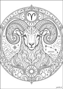 Signo zodiacal Aries. Aries, el primer signo del zodiaco, simboliza impulso, coraje y energía; aquí está representado por un poderoso carnero con majestuosos cuernos, rodeado de estrellas, símbolos celestiales y delicados ornamentos que refuerzan su carácter ardiente y asertivo.