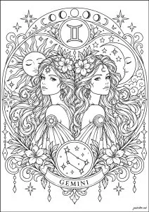 Signo zodiacal Géminis. Dos figuras femeninas gemelas rodeadas de flores, estrellas y motivos celestiales representan a Géminis, un signo de aire asociado con la dualidad, la curiosidad y la comunicación. El símbolo ♊, la constelación de Géminis y las diferentes fases de la Luna completan esta composición astrológica rica en detalles.