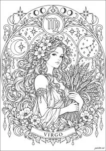Signo zodiacal Virgo. Una joven rodeada de flores, estrellas y ricos ornamentos simboliza a Virgo, un signo de tierra asociado con la dulzura, la precisión y la sabiduría. El símbolo ♍, la constelación de Virgo y las espigas de trigo que sostiene en sus brazos refuerzan el universo astrológico y la idea de abundancia vinculada a este signo.