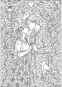 Pareja amorosa bajo un arco del Art Nouveau. Una pareja romántica permanece tiernamente bajo un arco adornado con motivos florales del Art Nouveau, inspirado en el mundo de Gustav Klimt. Cintas, corazones estilizados y espirales decorativas llenan la escena con una elegancia vintage perfecta para el Día de San Valentín.