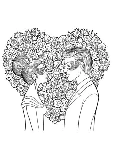Hombre y mujer enmascarados con corazón floral de fondo