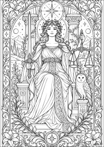 Justicia. Un guardián sereno sostiene una espada y una balanza entre dos majestuosas columnas. Una carta del tarot elegante, armoniosa y detallada.
