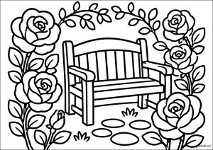 Banco rodeado de rosas en un jardín
