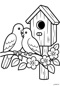 Dos pájaros en una rama cerca de una cabaña