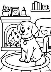 Un perro sentado frente a una chimenea